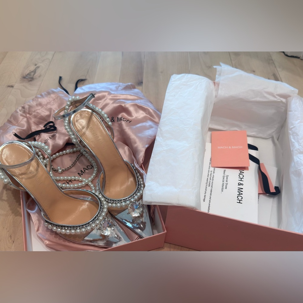 MACH & MACH Silver Heels with Crystal Embellishments 100% authentic